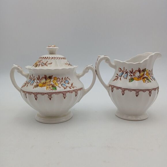 J & G Meakin Braemar Creamer & Sugar Bowl England scalloped floral Classic White - Picture 2 of 14